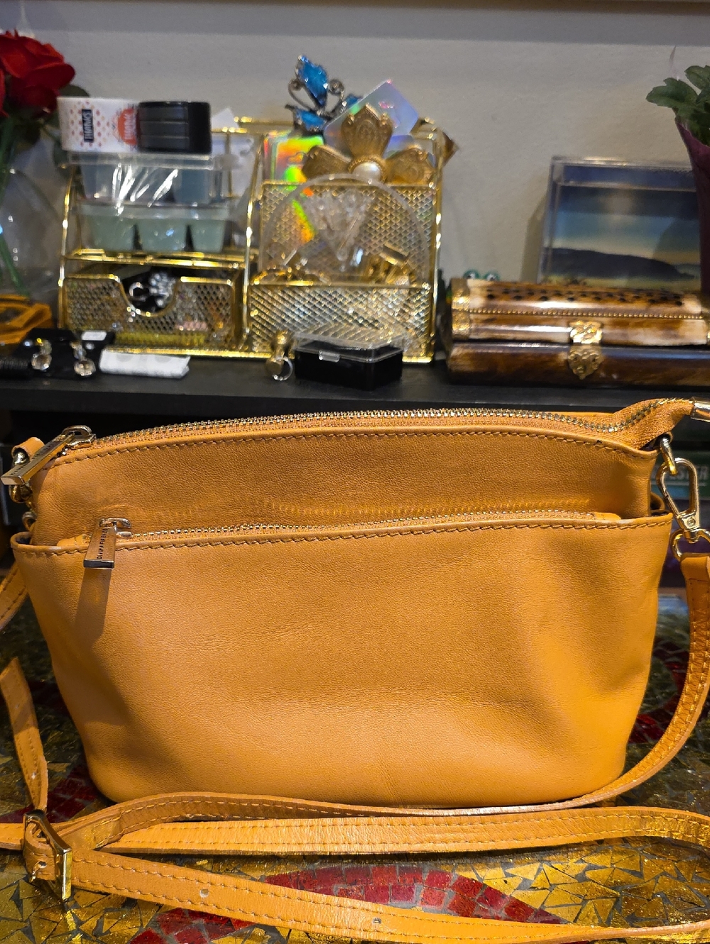 Compact Mustard Crossbody Bag with Front Zip Pocket